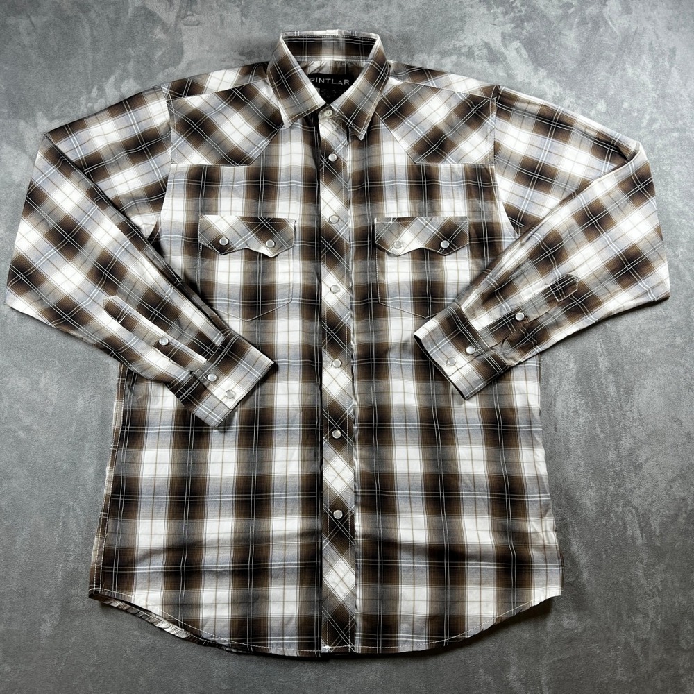 Pintlar Mens Medium Brown White Plaid‎ Western Pearl Snap Long Sleeve Shirt